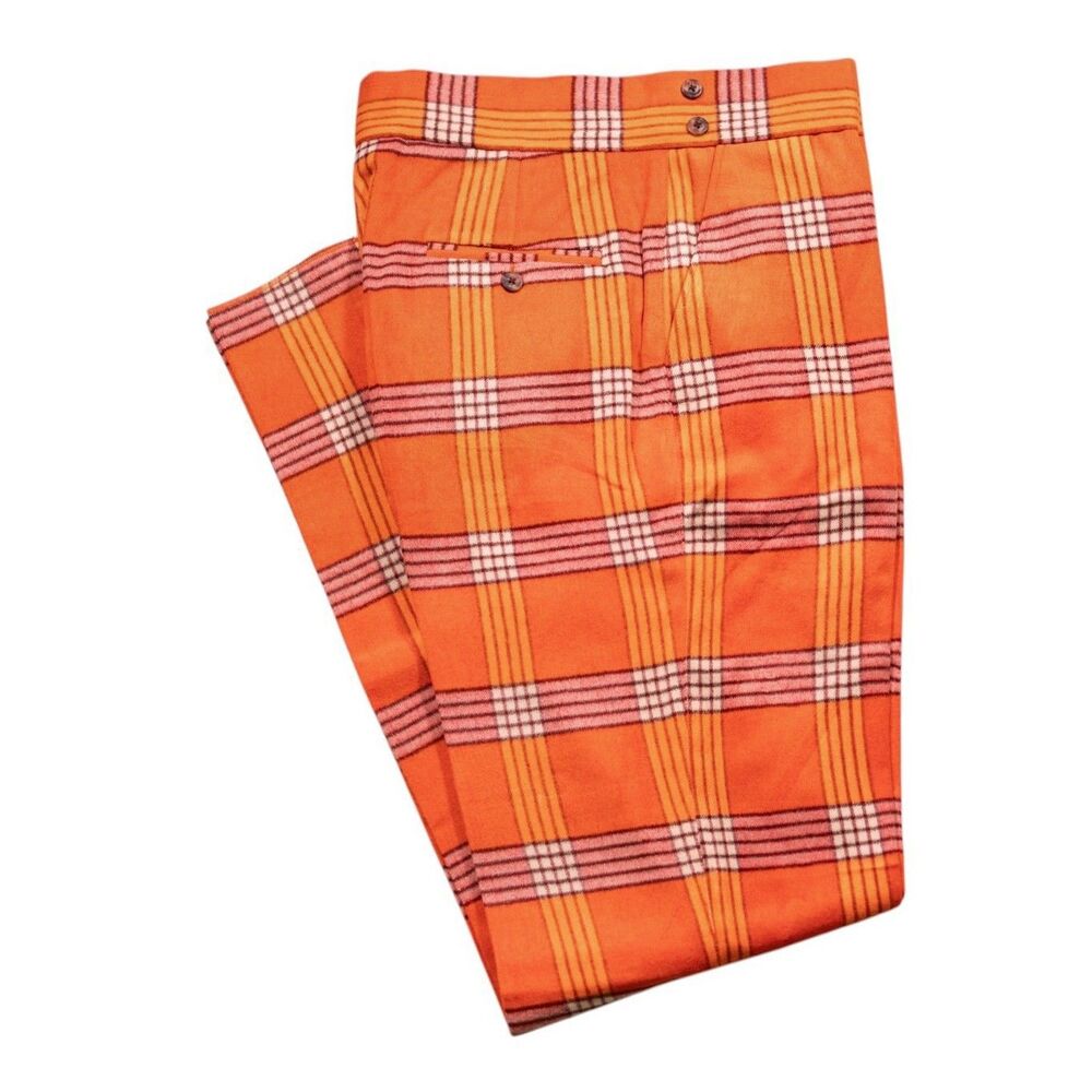 Mens 32 Orange Plaid Velvet Gurkha Pants High Waist Flat Front Dress Trousers
